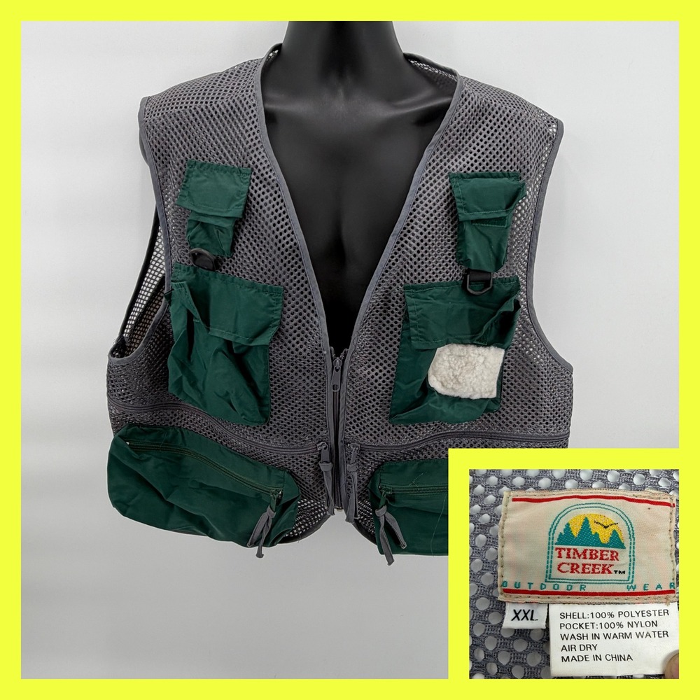 Timber Creek Outdoor Wear Fishing Vest XXL Gray Mesh Green Multi-Pocket Utility